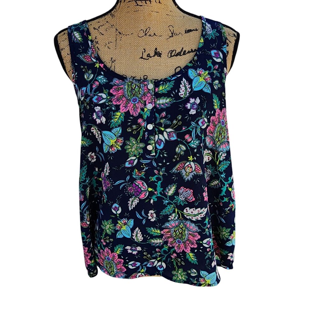 Pink Rose Floral Boho Sleeveless Tank Top Navy Multicolor Women’s Large